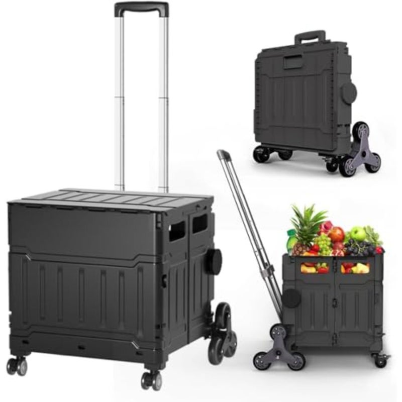 Foldable Utility Cart with Stair Climbing Wheels, Folding Portable Rolling Crate Handcart with Aluminium Alloy Telescoping Handles, Handcart for Grocery Book File Tool Art Supplies - Image 1