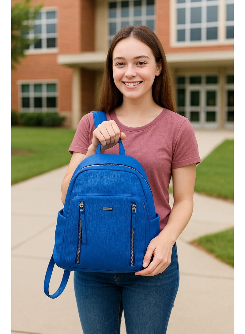 CITYWAY Cityway Fashion Backpack with Double Front Zippers, Royal Blue, Faux Leather, School Travel Daypack  - Image 2
