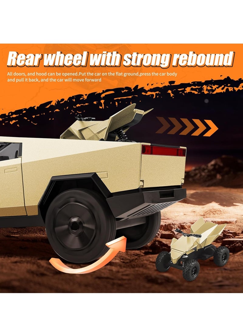 MAGIC VAULT 1:24 نموذج سيارة سايبرترك المصنوعة من المعدن مع دراجة سايبركواد - شاحنة بيك أب معدنية للأولاد والبنات والبالغين - صوت، أضواء، أبواب قابلة للفتح - نموذج هدية للأطفال من عمر 6 سنوات فما فوق، سيارة قابلة للجمع (ذهبي) - Image 3