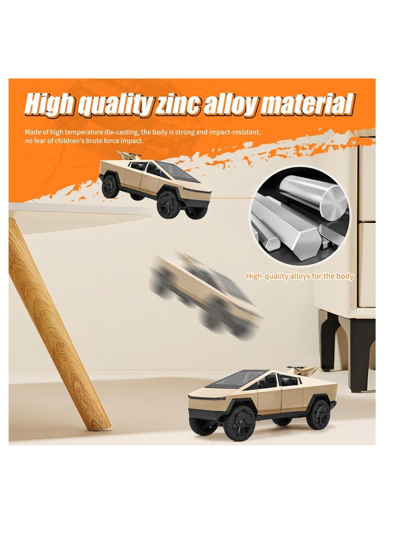 MAGIC VAULT 1:24 نموذج سيارة سايبرترك المصنوعة من المعدن مع دراجة سايبركواد - شاحنة بيك أب معدنية للأولاد والبنات والبالغين - صوت، أضواء، أبواب قابلة للفتح - نموذج هدية للأطفال من عمر 6 سنوات فما فوق، سيارة قابلة للجمع (ذهبي) - Image 5