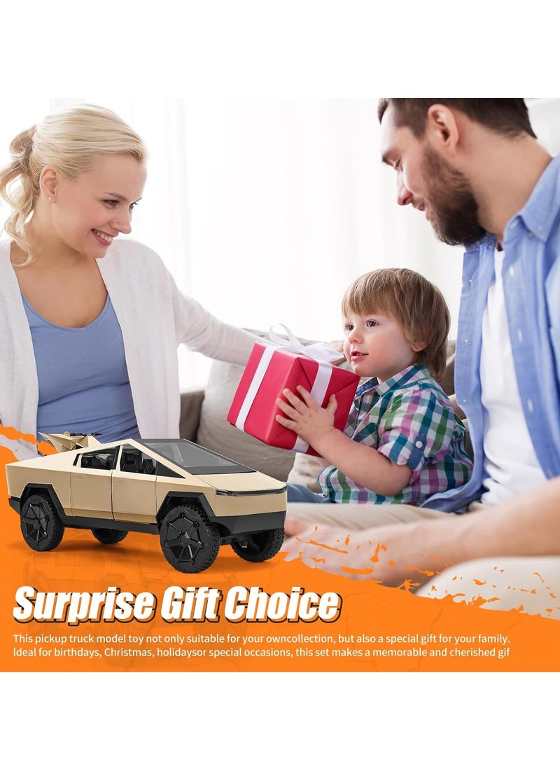 MAGIC VAULT 1:24 نموذج سيارة سايبرترك المصنوعة من المعدن مع دراجة سايبركواد - شاحنة بيك أب معدنية للأولاد والبنات والبالغين - صوت، أضواء، أبواب قابلة للفتح - نموذج هدية للأطفال من عمر 6 سنوات فما فوق، سيارة قابلة للجمع (ذهبي) - Image 2