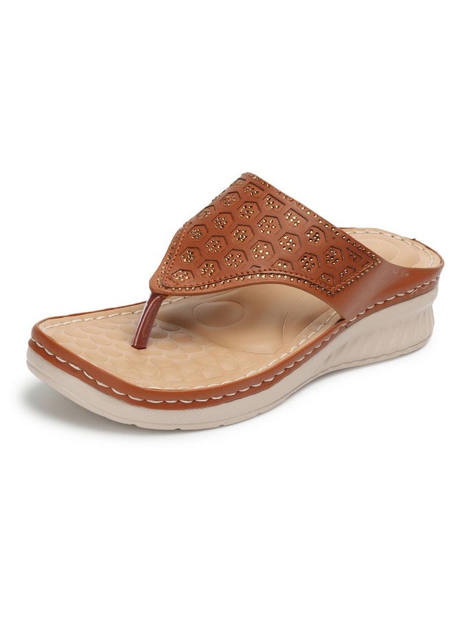 XE Looks - XE Looks Women's Tan Orthopedic Doctor Slippers | Hexagonal Cutout Design with Cushioned Footbed | Stylish & Comfortable Elegant Design with Stitched Detailing Doctor Slippers For Girls & Women - Image 1
