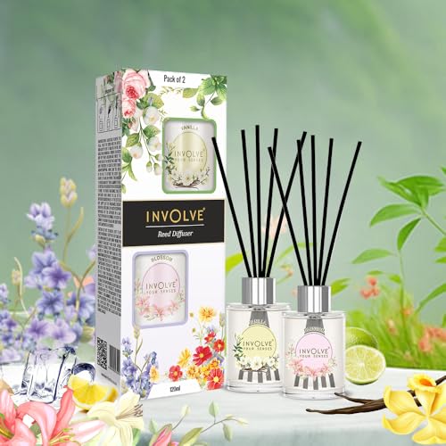 Involve your senses Involve Pura Reed Diffuser Set- Vanilla & Blossom - 120 ml | Oil Diffuser with Free 10 Reed Sticks | Room Freshener for Home, Bedroom | Gifts Set (Pack of 2) - Image 2