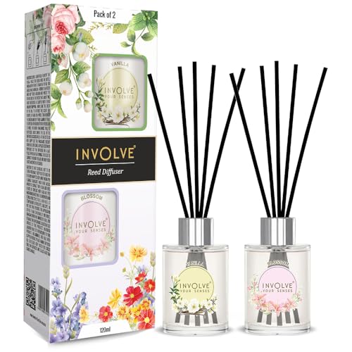 Involve your senses Involve Pura Reed Diffuser Set- Vanilla & Blossom - 120 ml | Oil Diffuser with Free 10 Reed Sticks | Room Freshener for Home, Bedroom | Gifts Set (Pack of 2) - Image 1