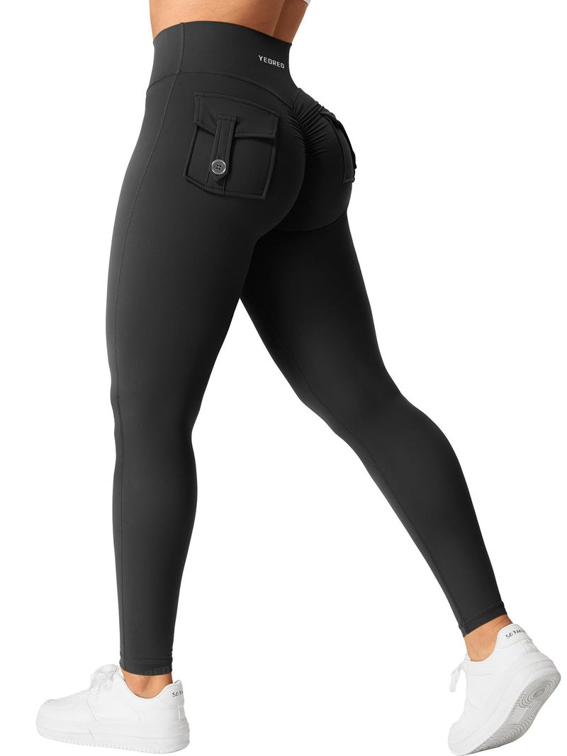YEOREO Leggings with Pockets for Women Charm Scrunch Workout Leggings V Cross Waist Butt Lifting Gym Yoga Pants Black S - Image 1
