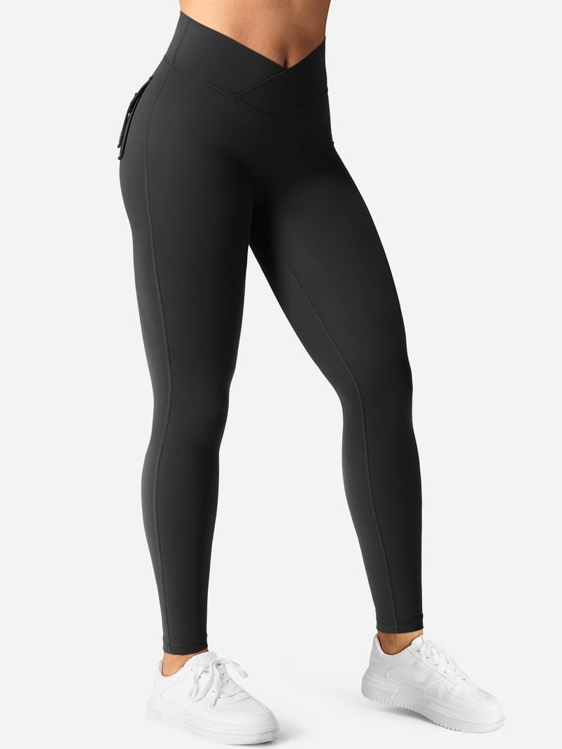YEOREO Leggings with Pockets for Women Charm Scrunch Workout Leggings V Cross Waist Butt Lifting Gym Yoga Pants Black S - Image 5