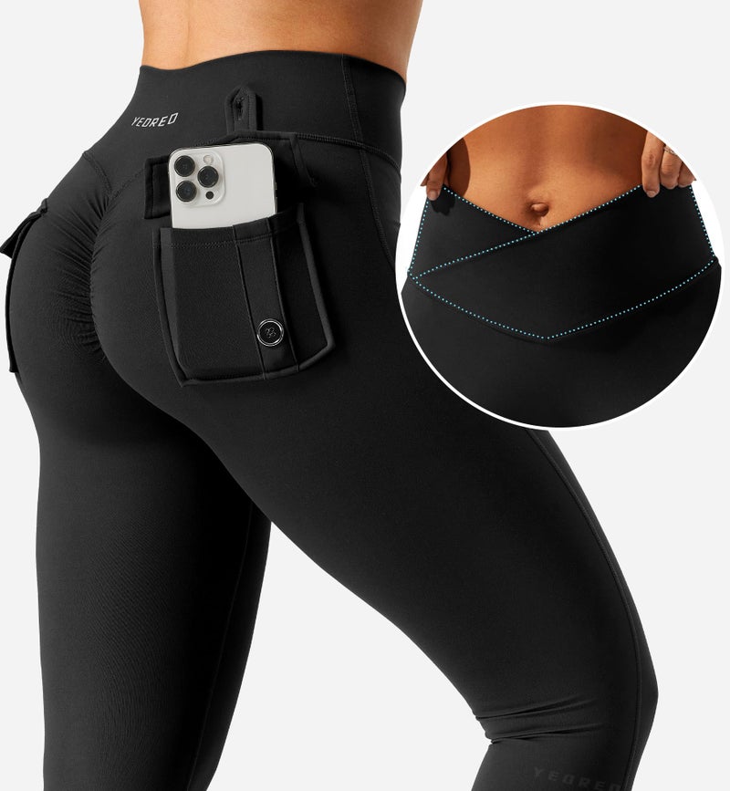 YEOREO Leggings with Pockets for Women Charm Scrunch Workout Leggings V Cross Waist Butt Lifting Gym Yoga Pants Black S - Image 4