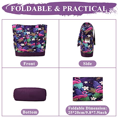 VASCHY Beach Bag for Women, Lightweight Large Water Resistant Sandproof Fold-able Packable Travel Tote Bag w Zipper/Pockets for Vacation Purple Flamingo - Image 5