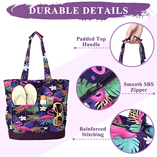 VASCHY Beach Bag for Women, Lightweight Large Water Resistant Sandproof Fold-able Packable Travel Tote Bag w Zipper/Pockets for Vacation Purple Flamingo - Image 4