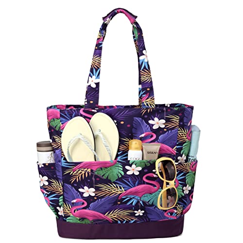 VASCHY Beach Bag for Women, Lightweight Large Water Resistant Sandproof Fold-able Packable Travel Tote Bag w Zipper/Pockets for Vacation Purple Flamingo - Image 1