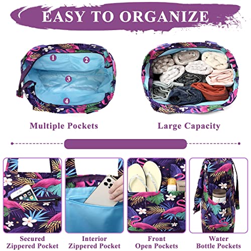 VASCHY Beach Bag for Women, Lightweight Large Water Resistant Sandproof Fold-able Packable Travel Tote Bag w Zipper/Pockets for Vacation Purple Flamingo - Image 3