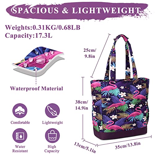 VASCHY Beach Bag for Women, Lightweight Large Water Resistant Sandproof Fold-able Packable Travel Tote Bag w Zipper/Pockets for Vacation Purple Flamingo - Image 2