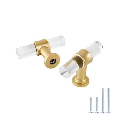 LONTAN 12 Pack Acrylic Kitchen Cabinet Knobs Gold Drawer Knobs Modern T Bar Clear Cabinet Door Handles White Kitchen Hardware for Dresser Bathroom,Zinc Alloy Base - Image 1