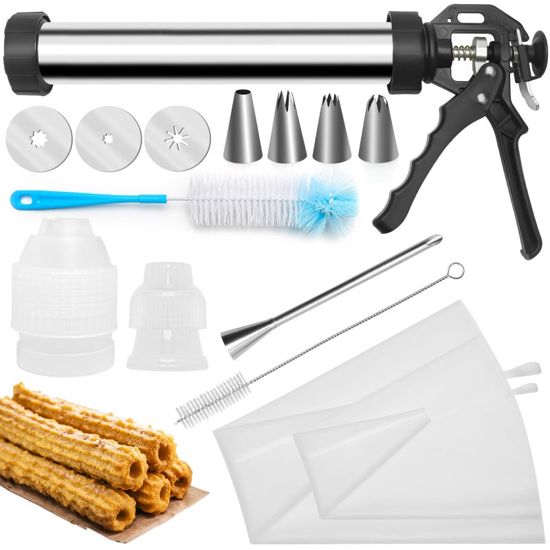 Churro Maker Machine Catcan Churro Maker Kits Including Stainless Steel Churro Maker Piping Bag with Churro Piping Tip 4 Nozzles 2 Brushes 3 Discs for Homemade Different Shape Churros Cookie