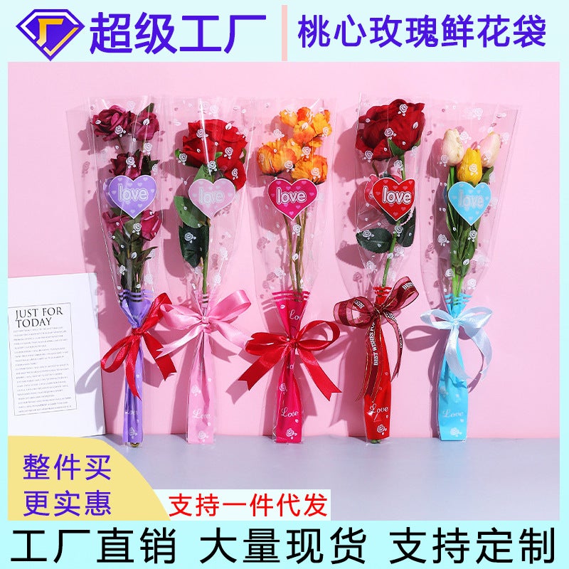 Kuntai Fresh Flowers Single Bouquet Packaging Rose Packaging Materials Heart-Shaped Trapezoidal Bag Flower Shop Paper Bag Florals - Image 3