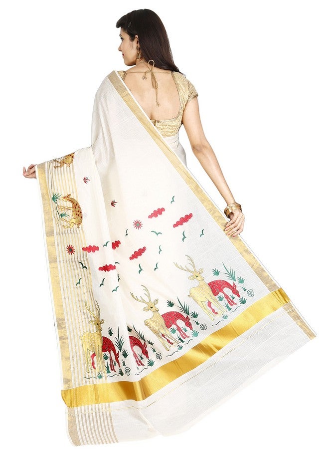JISB JISB Women's Kasavu Cotton Saree With Running Blouse Piece (TJT01316_Cream) - Image 4