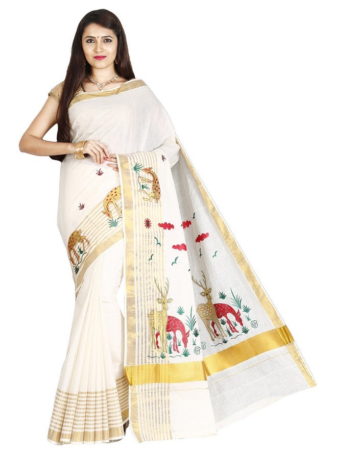 JISB JISB Women's Kasavu Cotton Saree With Running Blouse Piece (TJT01316_Cream) - Image 2
