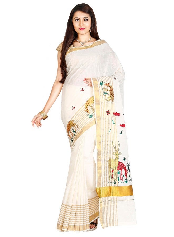 JISB JISB Women's Kasavu Cotton Saree With Running Blouse Piece (TJT01316_Cream) - Image 1