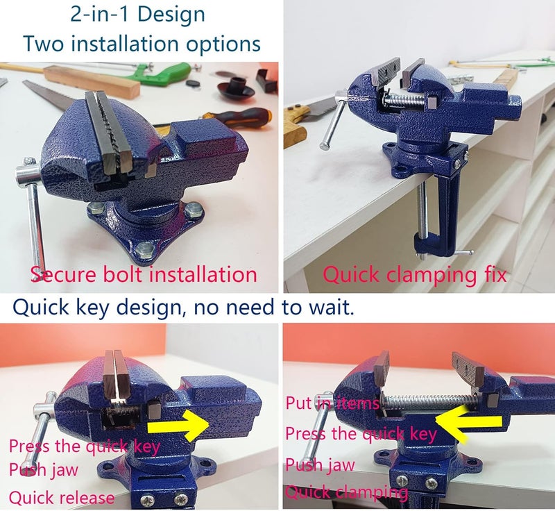 MYTEC Bench Vise or Table Vise, multifunctional jaw, multi-functional Combined Vise with Quick Adjustment, Universal Rotate 360° Work Clamp-On Vise, 3.3" blue - Image 2