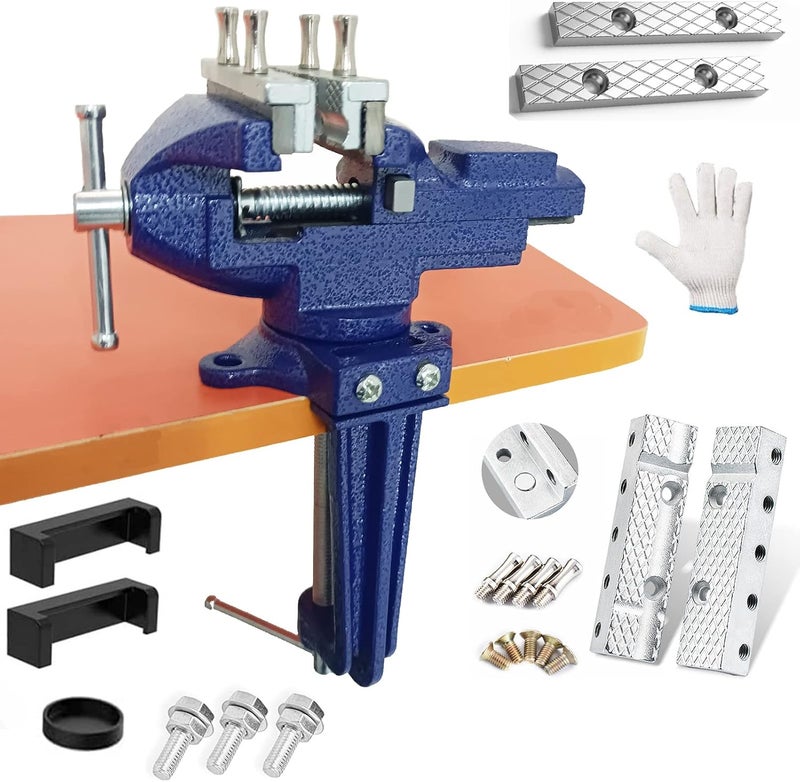 MYTEC Bench Vise or Table Vise, multifunctional jaw, multi-functional Combined Vise with Quick Adjustment, Universal Rotate 360° Work Clamp-On Vise, 3.3" blue - Image 1