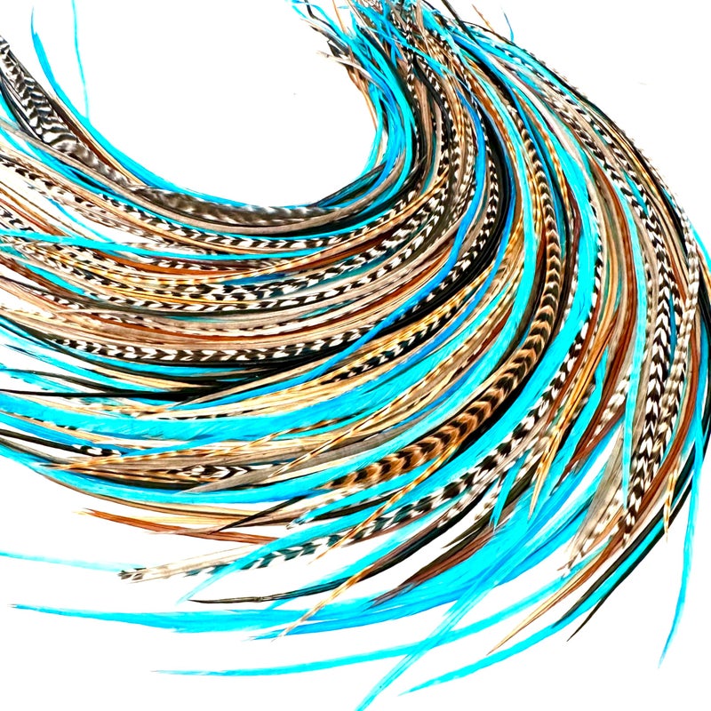 Feather Headz 21 Natural & Turquoise Color Hair Extensions â€“ 9â€â€“14â€ Long â€“ DIY Rooster Kit with 20 Micro-Link Beads â€“ 100% Real Feathers â€“ Eye-Catching Boho Style - Image 1