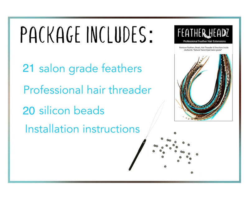 Feather Headz 21 Natural & Turquoise Color Hair Extensions â€“ 9â€â€“14â€ Long â€“ DIY Rooster Kit with 20 Micro-Link Beads â€“ 100% Real Feathers â€“ Eye-Catching Boho Style - Image 2