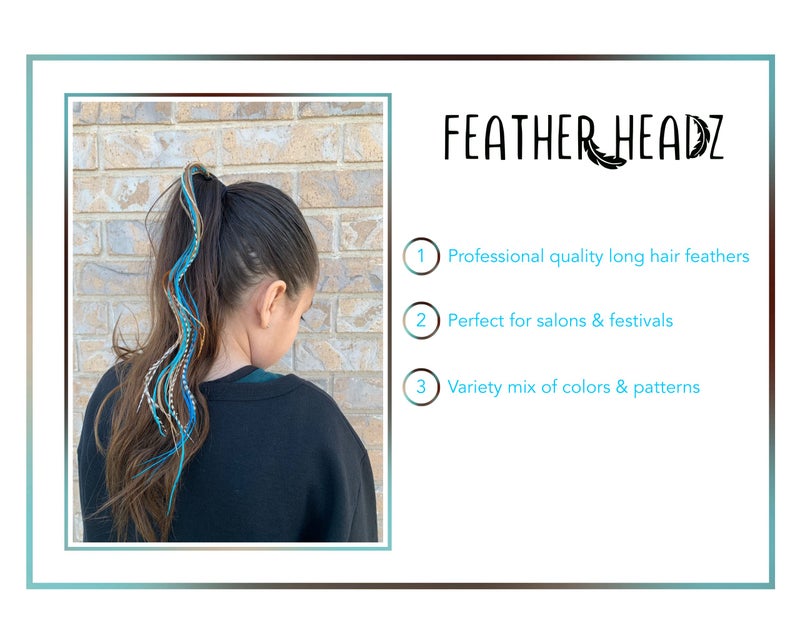 Feather Headz 21 Natural & Turquoise Color Hair Extensions â€“ 9â€â€“14â€ Long â€“ DIY Rooster Kit with 20 Micro-Link Beads â€“ 100% Real Feathers â€“ Eye-Catching Boho Style - Image 4