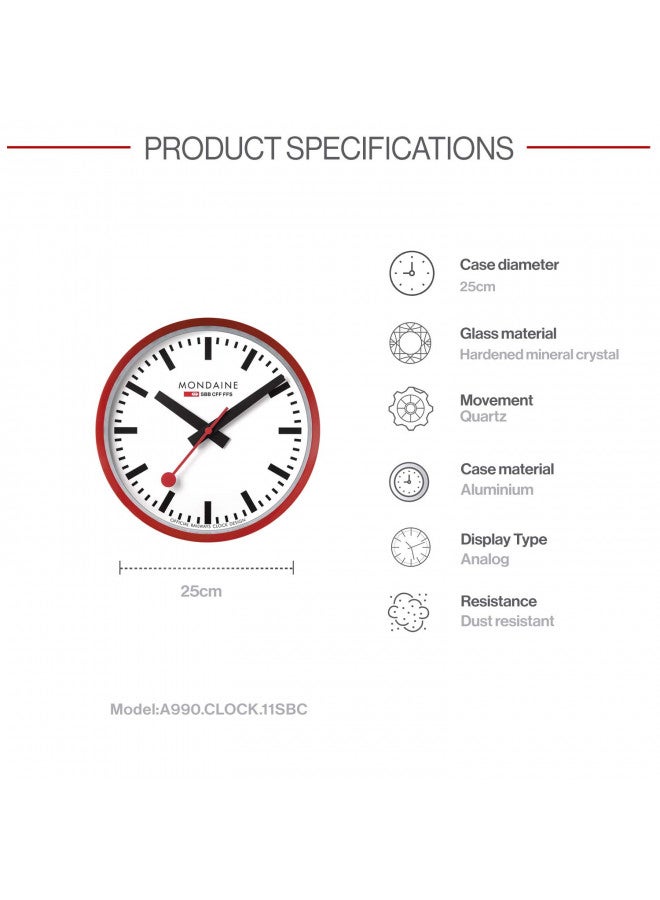 MONDAINE Mondaine Wall Clock A990.Clock.11SBC 25cm - Official Swiss Railways Clock Red Second Hand Red Aluminium Casing Dust Resistant  - Image 3