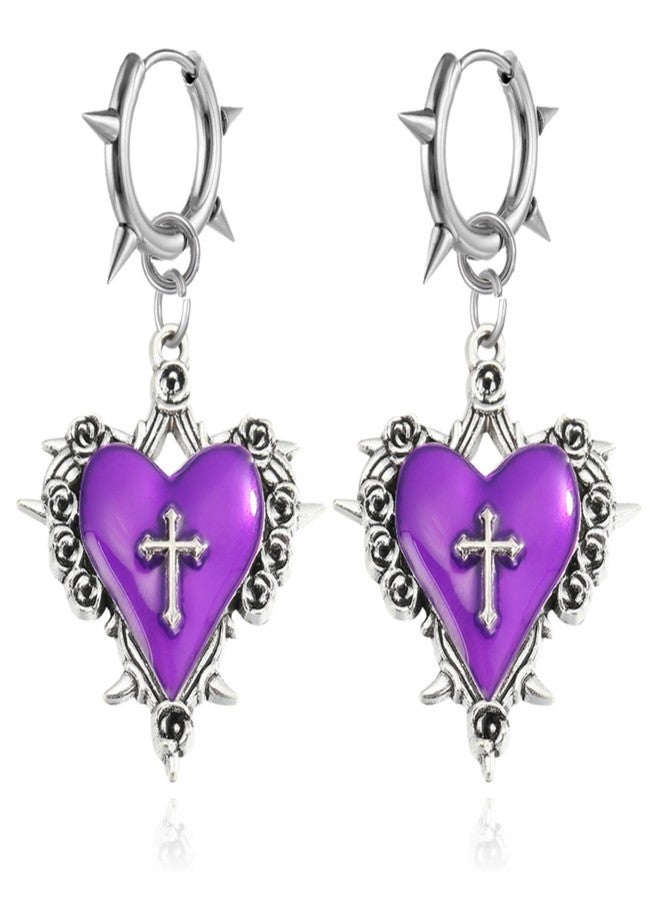 WCRAZYE Gothic Heart Earring for Women Vintage Halloween Dark Punk Heart Cross Earring Victoria Goth Witch Vampire Jewelry Accessories (Purple) - Image 1