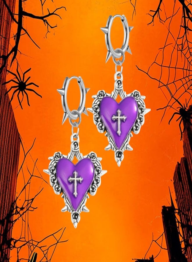 WCRAZYE Gothic Heart Earring for Women Vintage Halloween Dark Punk Heart Cross Earring Victoria Goth Witch Vampire Jewelry Accessories (Purple) - Image 2