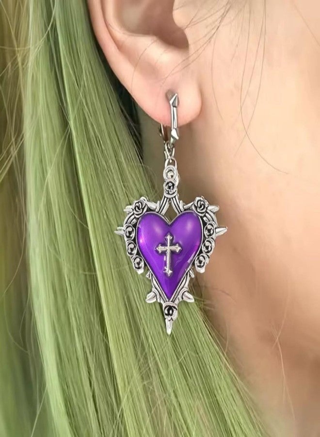WCRAZYE Gothic Heart Earring for Women Vintage Halloween Dark Punk Heart Cross Earring Victoria Goth Witch Vampire Jewelry Accessories (Purple) - Image 3