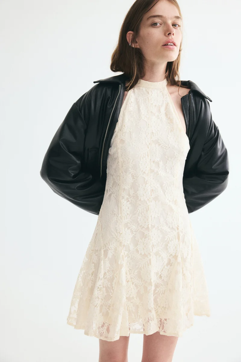 Godet-pleated lace dress