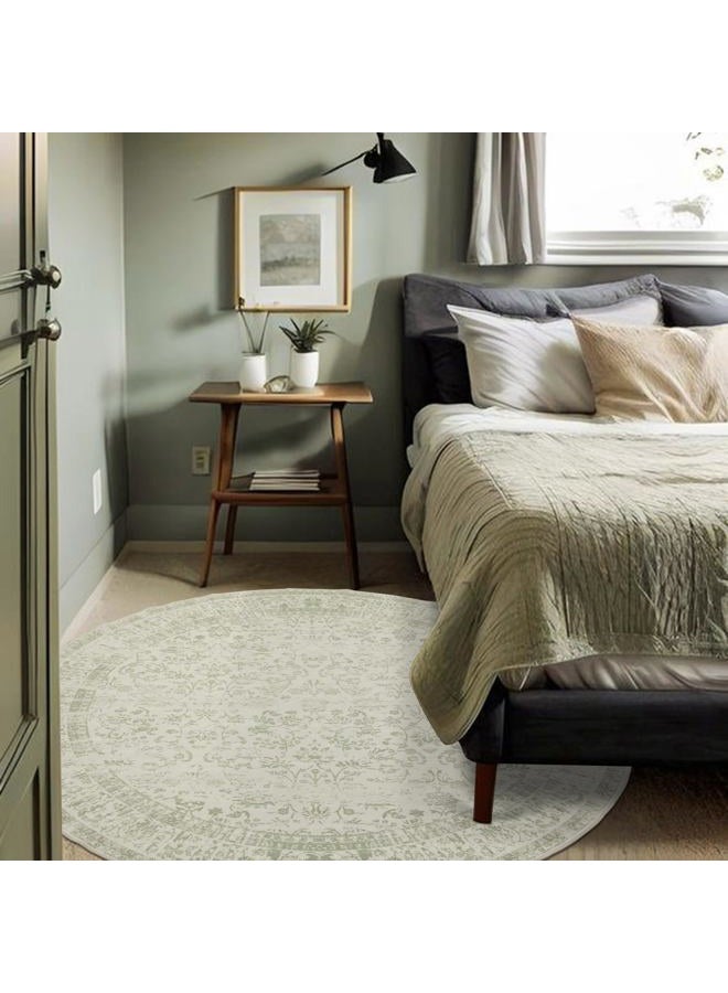 BILEEHOME Kitchen Living Room Bedroom Dining Room 5' Round Vintage Rug Indoor Floor Cover Floral Print Sage Green Circle Rug 5' Round - Image 4