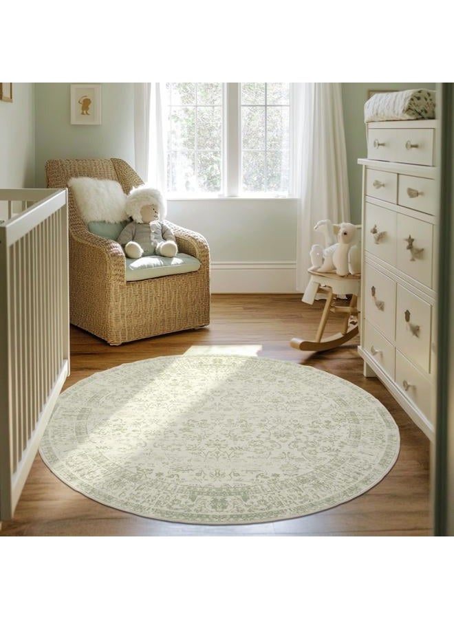 BILEEHOME Kitchen Living Room Bedroom Dining Room 5' Round Vintage Rug Indoor Floor Cover Floral Print Sage Green Circle Rug 5' Round - Image 3