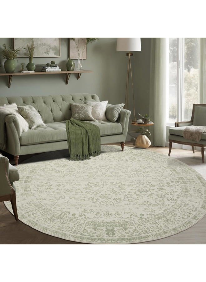 BILEEHOME Kitchen Living Room Bedroom Dining Room 5' Round Vintage Rug Indoor Floor Cover Floral Print Sage Green Circle Rug 5' Round - Image 1