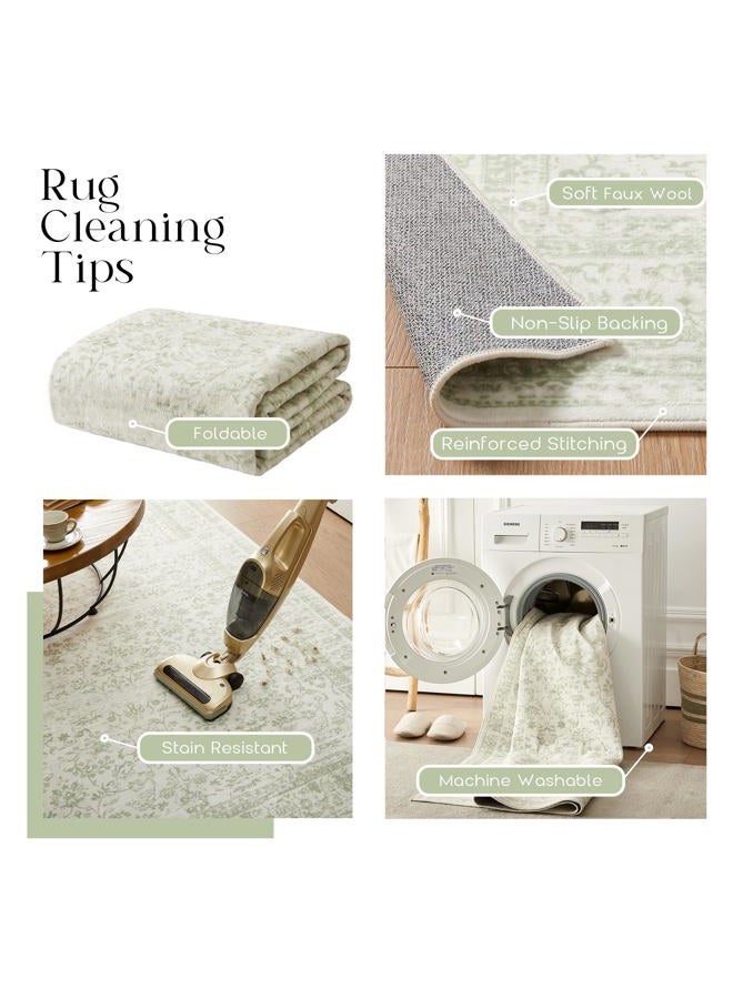 BILEEHOME Kitchen Living Room Bedroom Dining Room 5' Round Vintage Rug Indoor Floor Cover Floral Print Sage Green Circle Rug 5' Round - Image 5