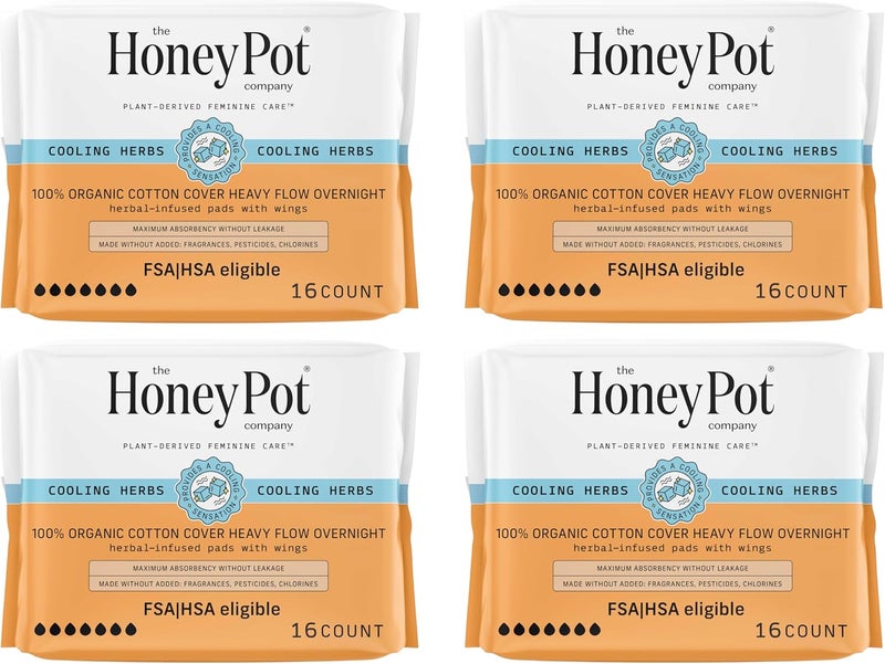The Honey Pot Company - 64ct - Herbal Sanitary Pads for Women - Heavy Flow Overnight w/Wings - Infused w/Essential Oils for Cooling Effect & Organic Cotton Cover - Feminine Care - FSA & HSA