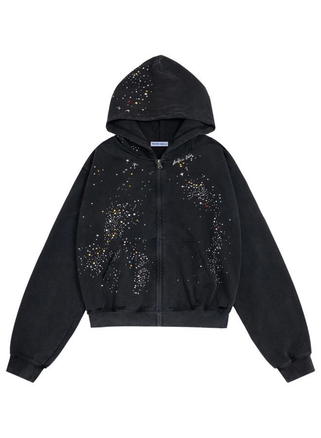 Aelfric Eden Star Rhinestone Zip Up Hoodies Womens Mens Casual Hooded Jackets Unisex Loose Crystal Y2K Pocket Sweatshirts, Black, XS - Image 1