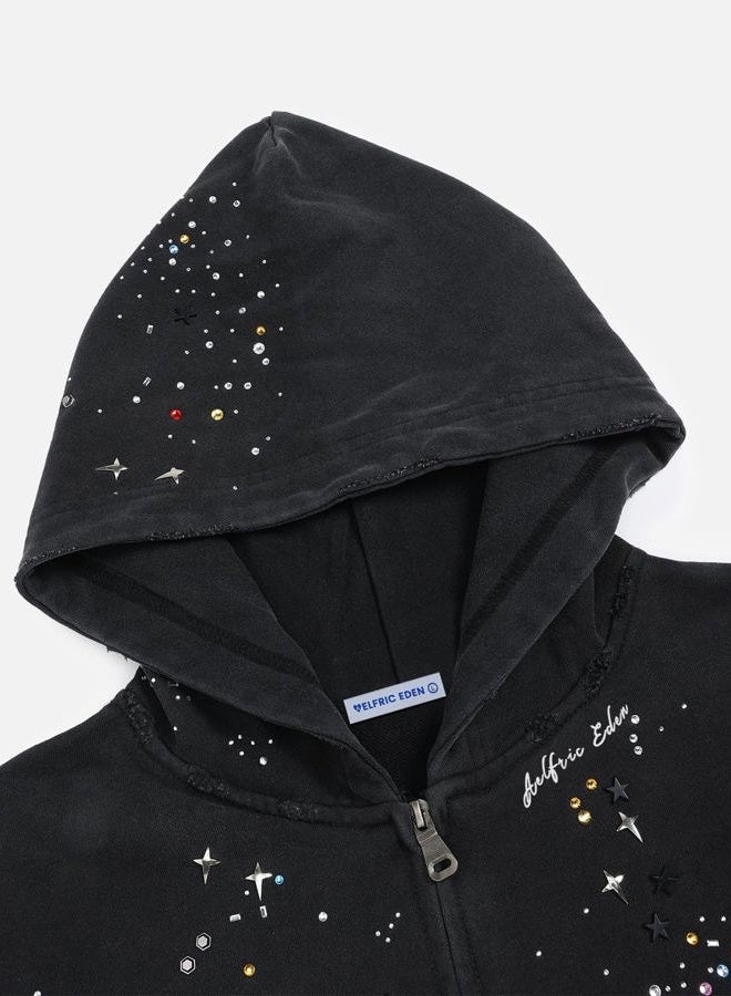 Aelfric Eden Star Rhinestone Zip Up Hoodies Womens Mens Casual Hooded Jackets Unisex Loose Crystal Y2K Pocket Sweatshirts, Black, XS - Image 5