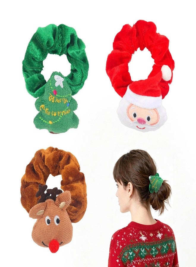 Doneace Christmas Hair Scrunchies Christmas Hair Ties Elastic with Christmas Tree Santa Claus Elk Soft Elastic Hair Bands Red Green Brown Xmas Ponytail Holders for Women Girls Christmas Hair Accessories 3PCS - Image 1