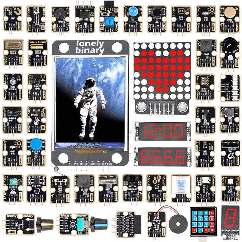 Lonely Binary TinkerBlock 46-Piece Sensor Module Kit Gold Edition, Lead-Free | with Tutorial Sensor Kit Compatible with Arduino IDE, ESP32-S3, Raspberry Pi Pico | DIY Prototyping Starter Kit - Image 1