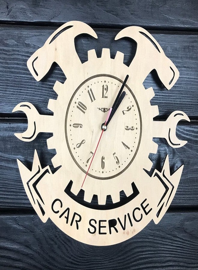 NABSTER Car Service Wall Clock Wood Garage Hanging Decor Mechanic Gifts Men Auto Wall Art Kitchen Fathers Day Christmas Birthday Car Service Clock - 12 Inch / 30 Cm - Image 1