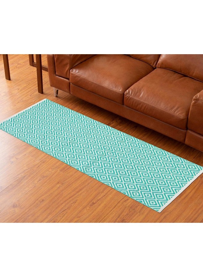 MDZ® Hand Woven 100% Cotton Diamond Rug, Bed Side Runner for Bedroom, Living Room, Entrance, Passage, Style - Modern, Size - 45 x 130 cm | Eco Friendly (Turquise White) - Image 2