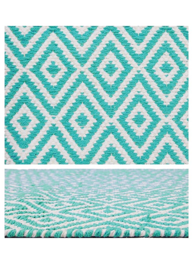 MDZ® Hand Woven 100% Cotton Diamond Rug, Bed Side Runner for Bedroom, Living Room, Entrance, Passage, Style - Modern, Size - 45 x 130 cm | Eco Friendly (Turquise White) - Image 3