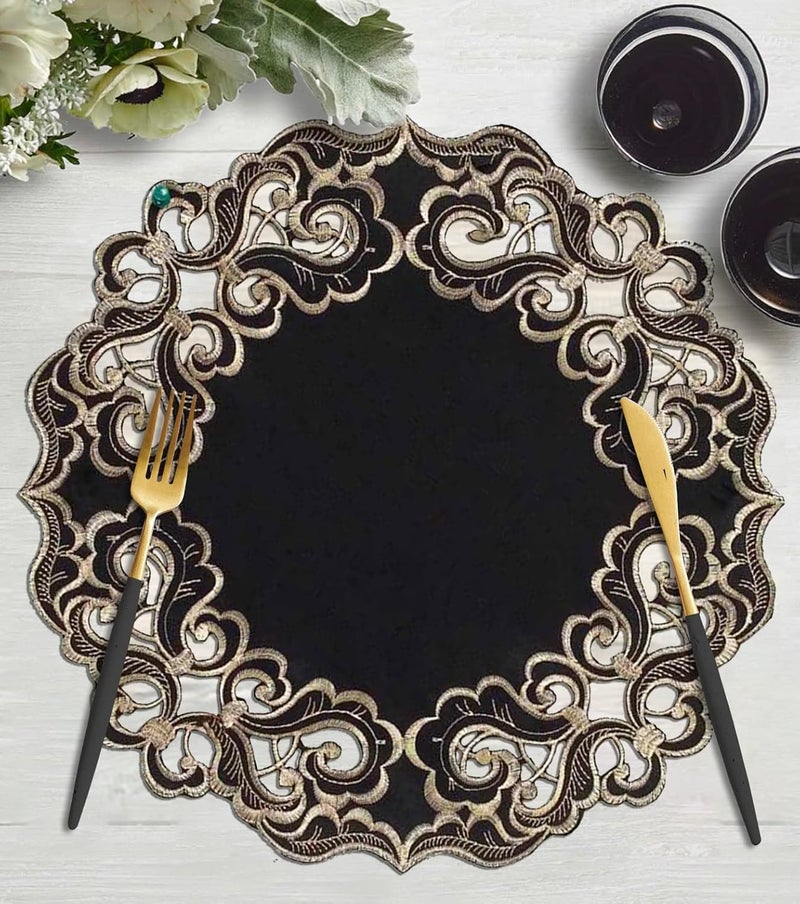 Decozen Decozen Set of 8 Doilies for Table Lace Doilies  Rustic Crochet Farmhouse Kitchen Round Table Placemats  Valentines Day Decorations  15 inch Gold Black The Granada Collection - Image 5