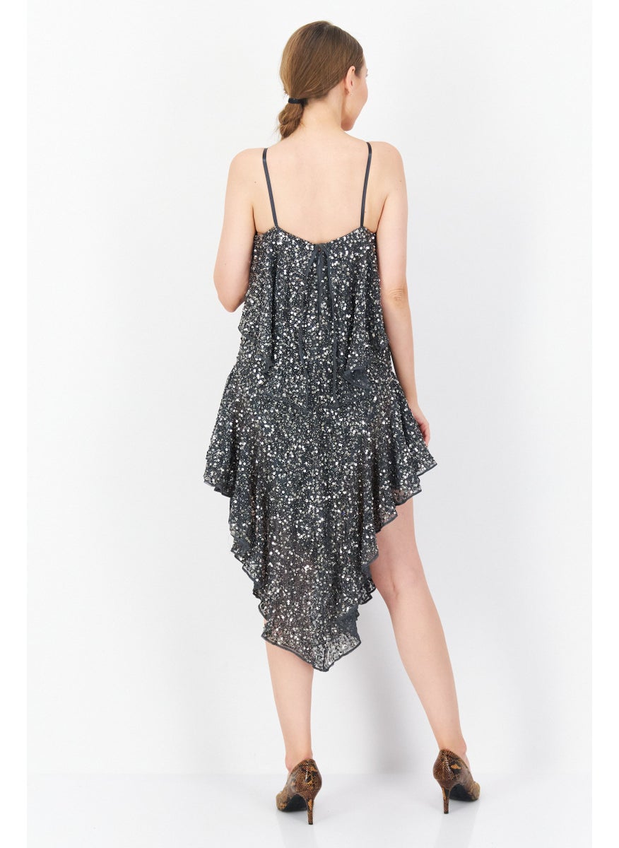 RIVER ISLAND Women Sequin Waterfall Slip Midi Dress, Metal Grey  - Image 4