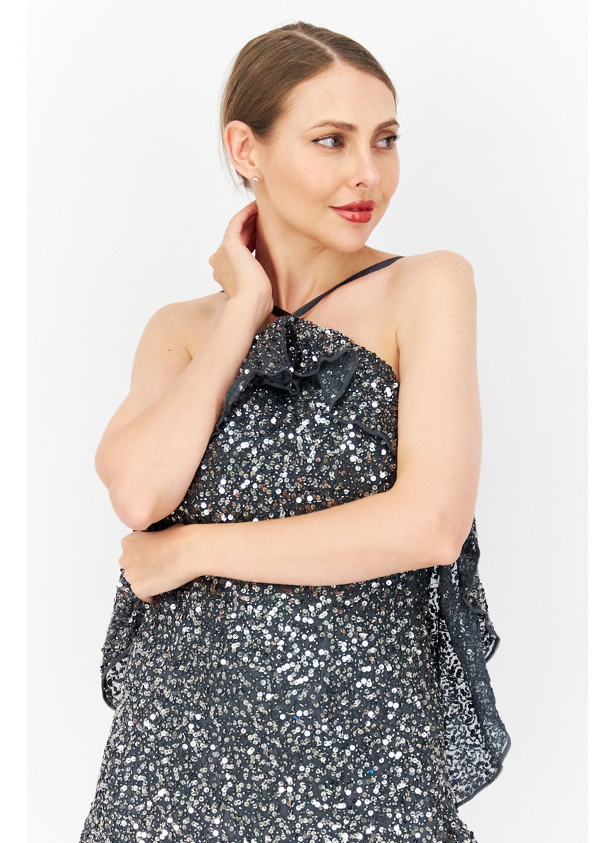 RIVER ISLAND Women Sequin Waterfall Slip Midi Dress, Metal Grey  - Image 2