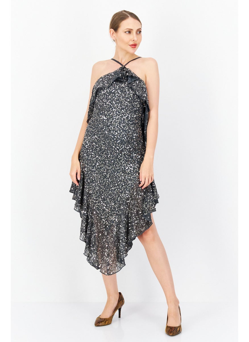 RIVER ISLAND Women Sequin Waterfall Slip Midi Dress, Metal Grey  - Image 1