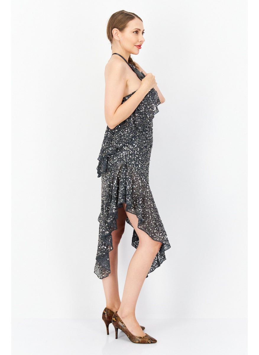 RIVER ISLAND Women Sequin Waterfall Slip Midi Dress, Metal Grey  - Image 3
