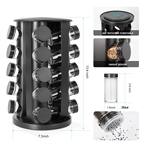 Tianifa Black Countertop Rotating Spice Rack, Round Empty 20-Jars Revolving Spice Rack Organizer, 135 Spice Labels with Funnel Complete Set, for Kitchen Countertop, Cabinet - Image 2